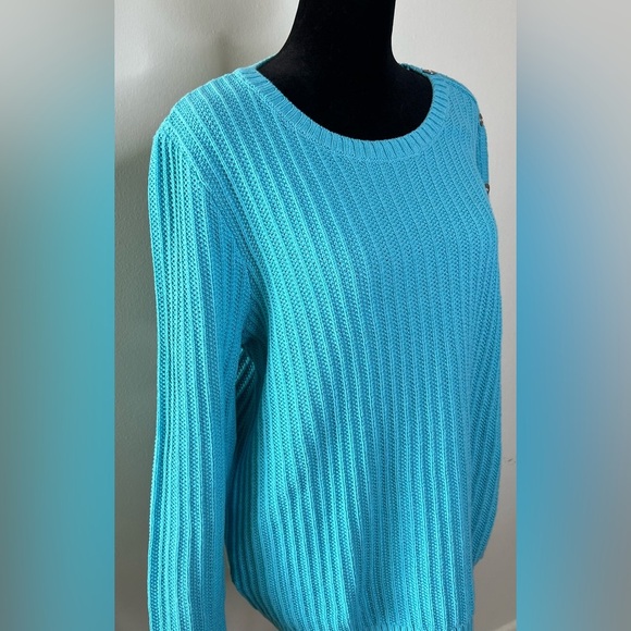 Talbots rib knit turquoise long sleeve sweater silver button detail Large EUC - Picture 2 of 6